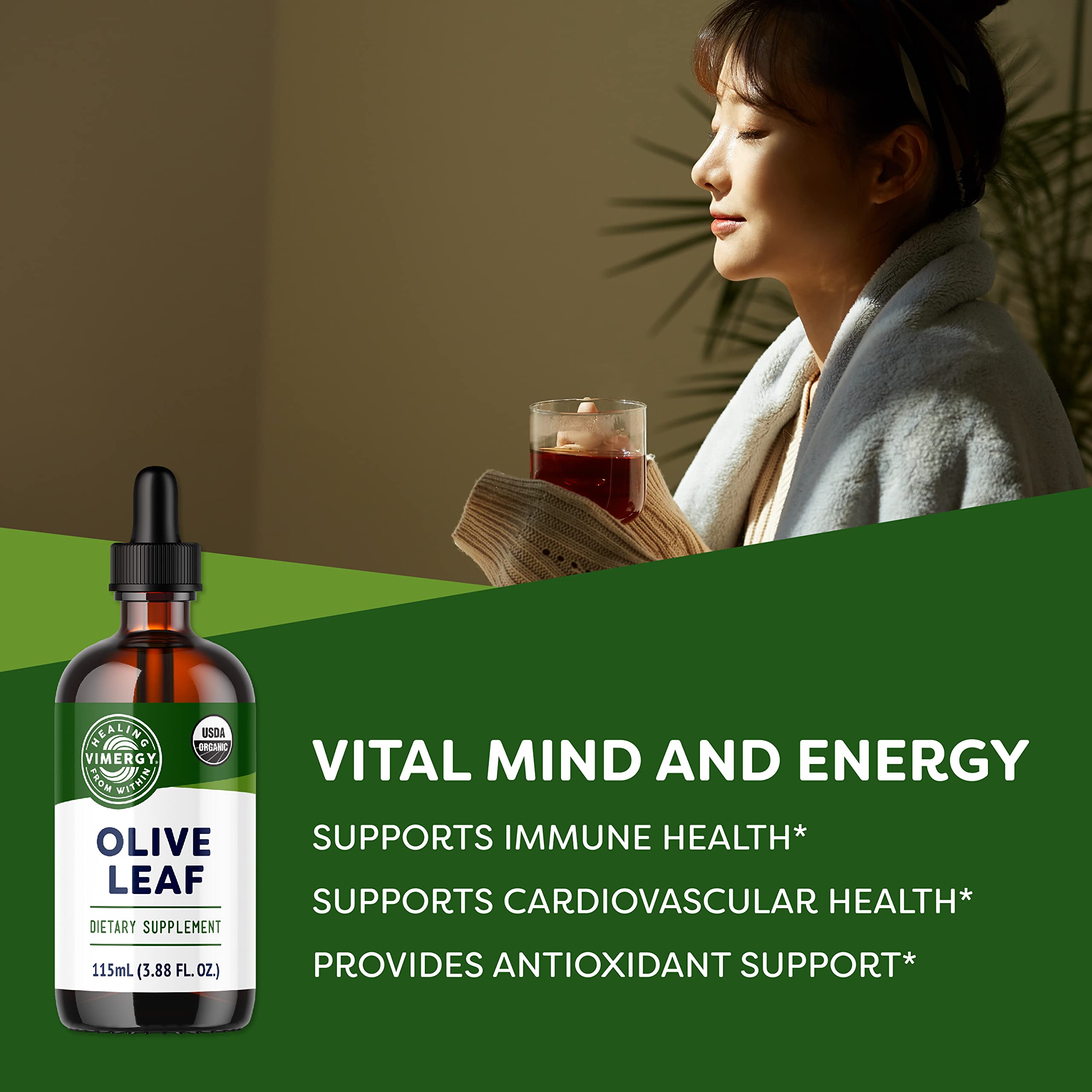 Pouring Vimergy Olive Leaf liquid to show fast-absorbing formula in use.