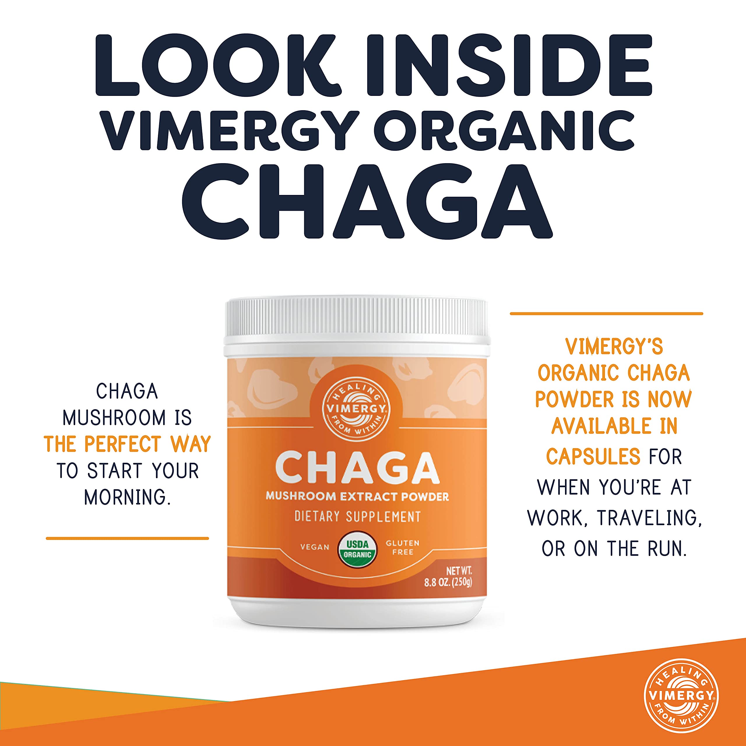 Vimergy Organic Chaga label with certifications and clean sourcing emphasis.