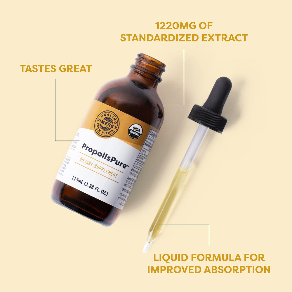 Vimergy PropolisPure organic certification close-up emphasizing clean sourcing