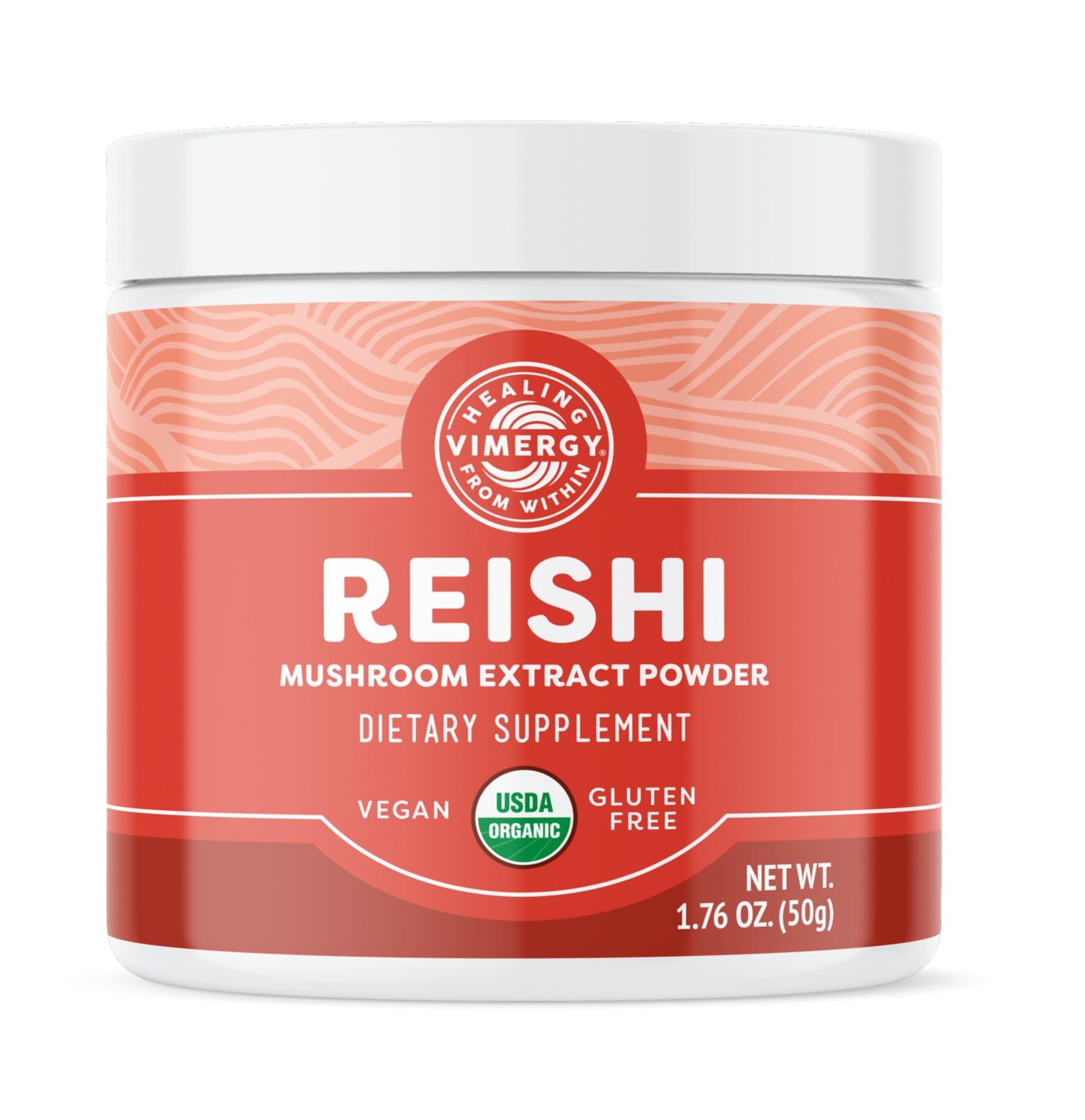 Vimergy Reishi powder bottle on kitchen counter supporting immune health daily.