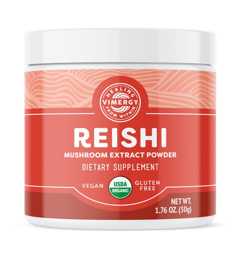 Vimergy Reishi powder bottle on kitchen counter supporting immune health daily.