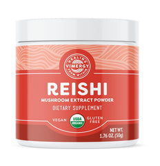 Vimergy Reishi powder bottle on kitchen counter supporting immune health daily.