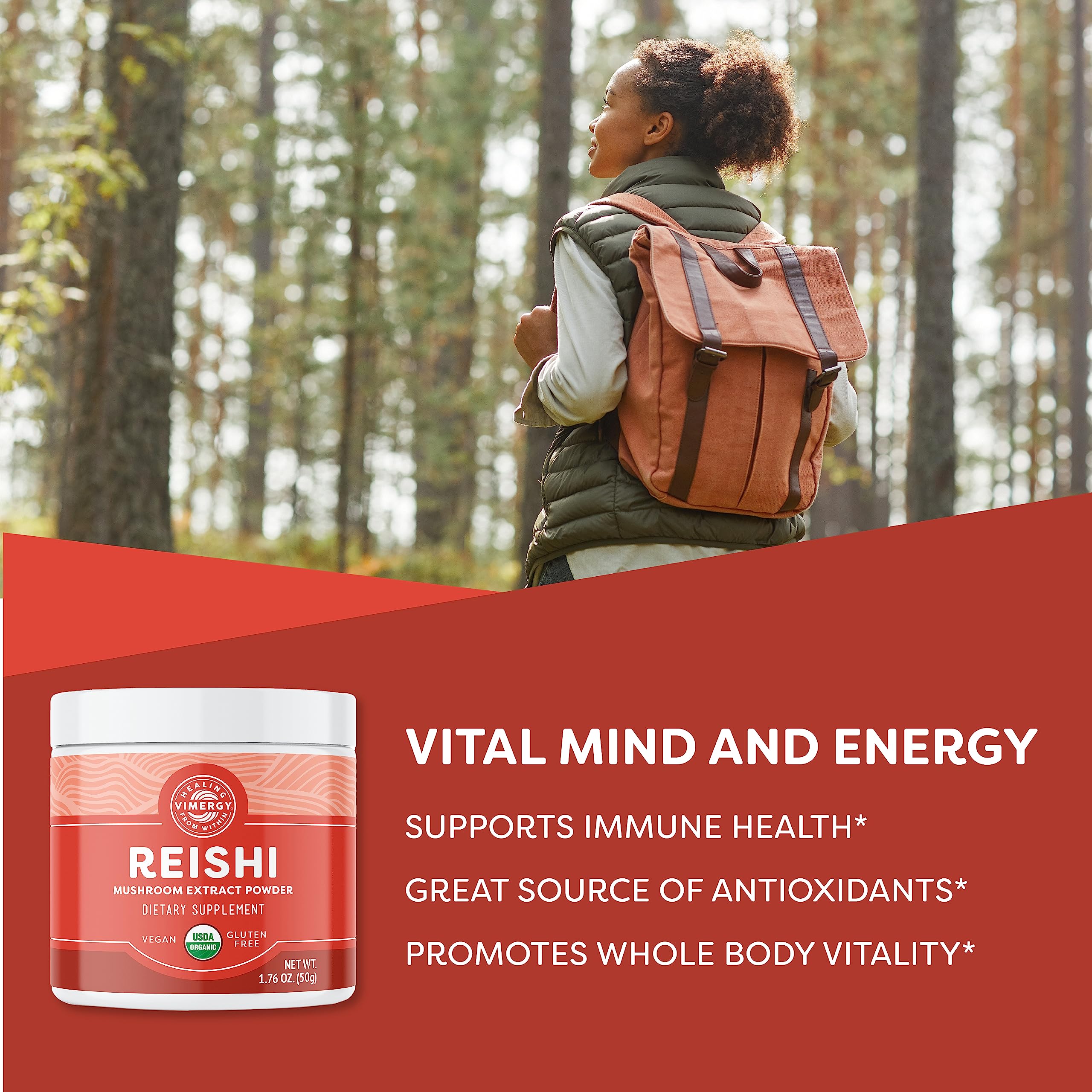 Vimergy Reishi powder scoop in use for quick daily wellness.