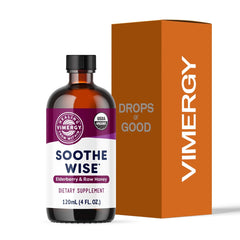 Vimergy Soothe Wise bottle label showing organic elderberry and raw honey for immune support.