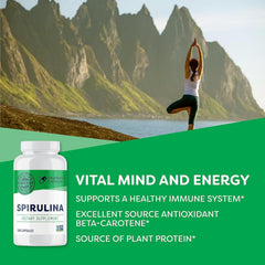 VIMERGY Spirulina packaging shows vegan, kosher, gluten-free credentials.