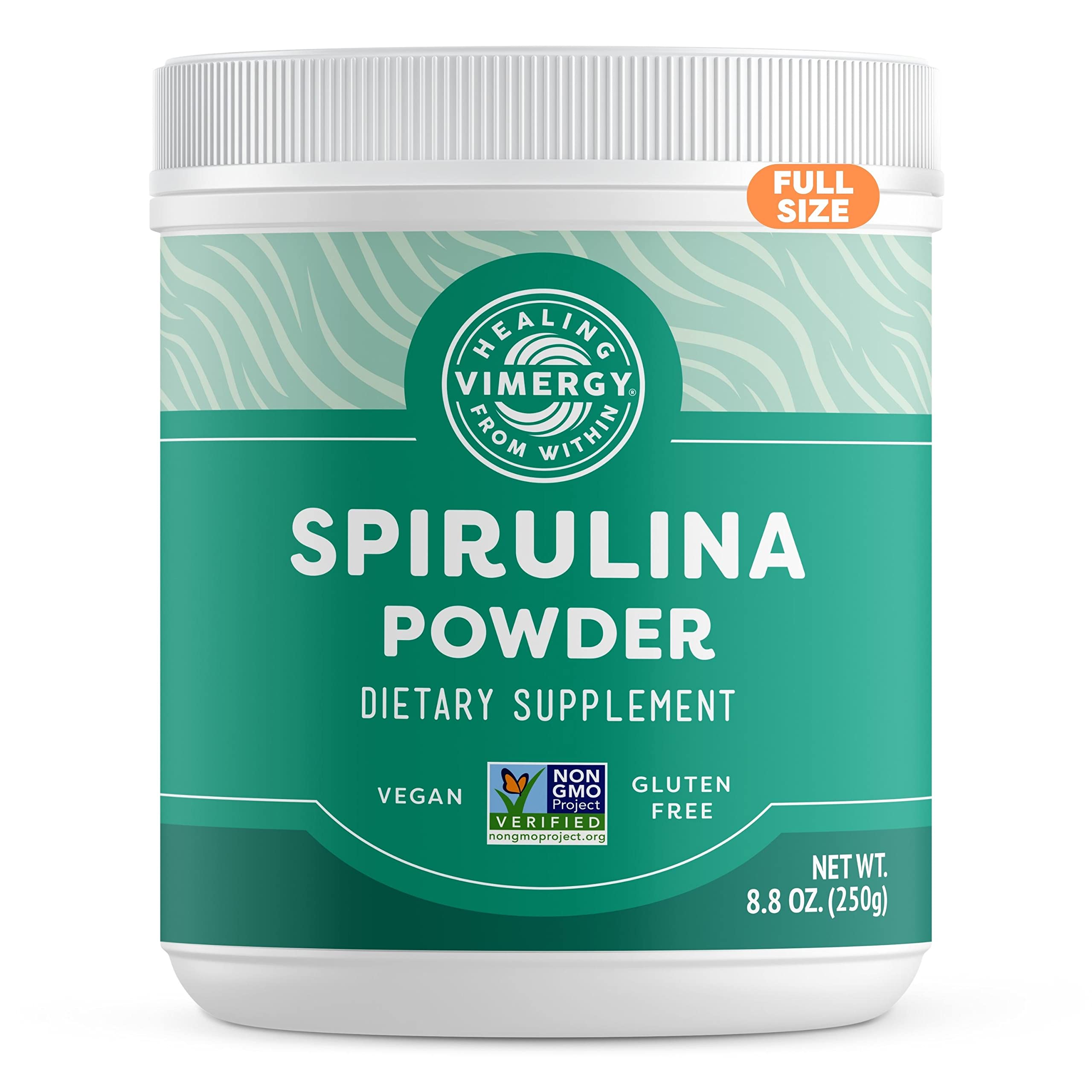 Vimergy Spirulina Powder bottle label close-up highlighting protein-rich greens for daily protein boost.