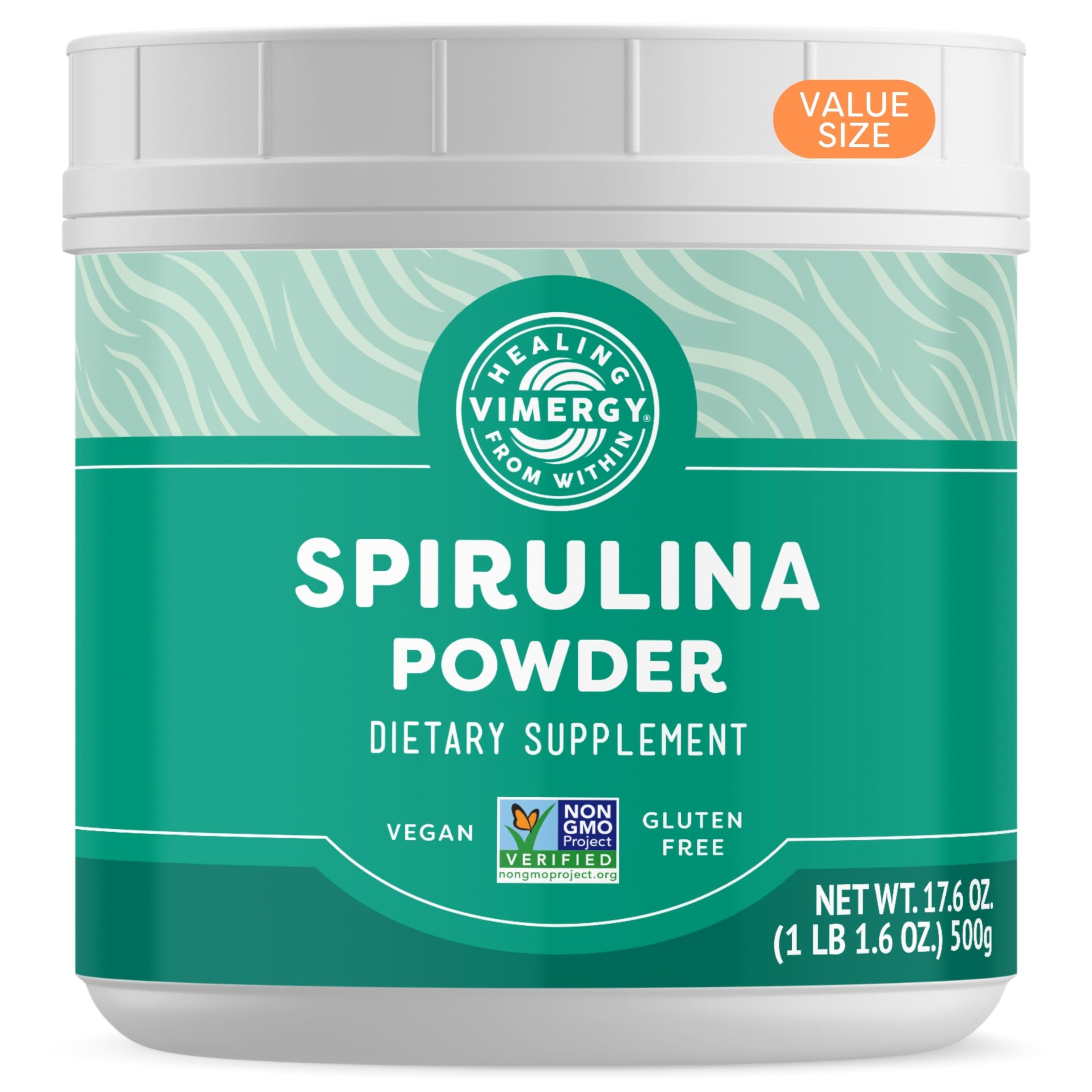 Vimergy Spirulina Powder bottle, nutrient-dense greens boost for daily energy.