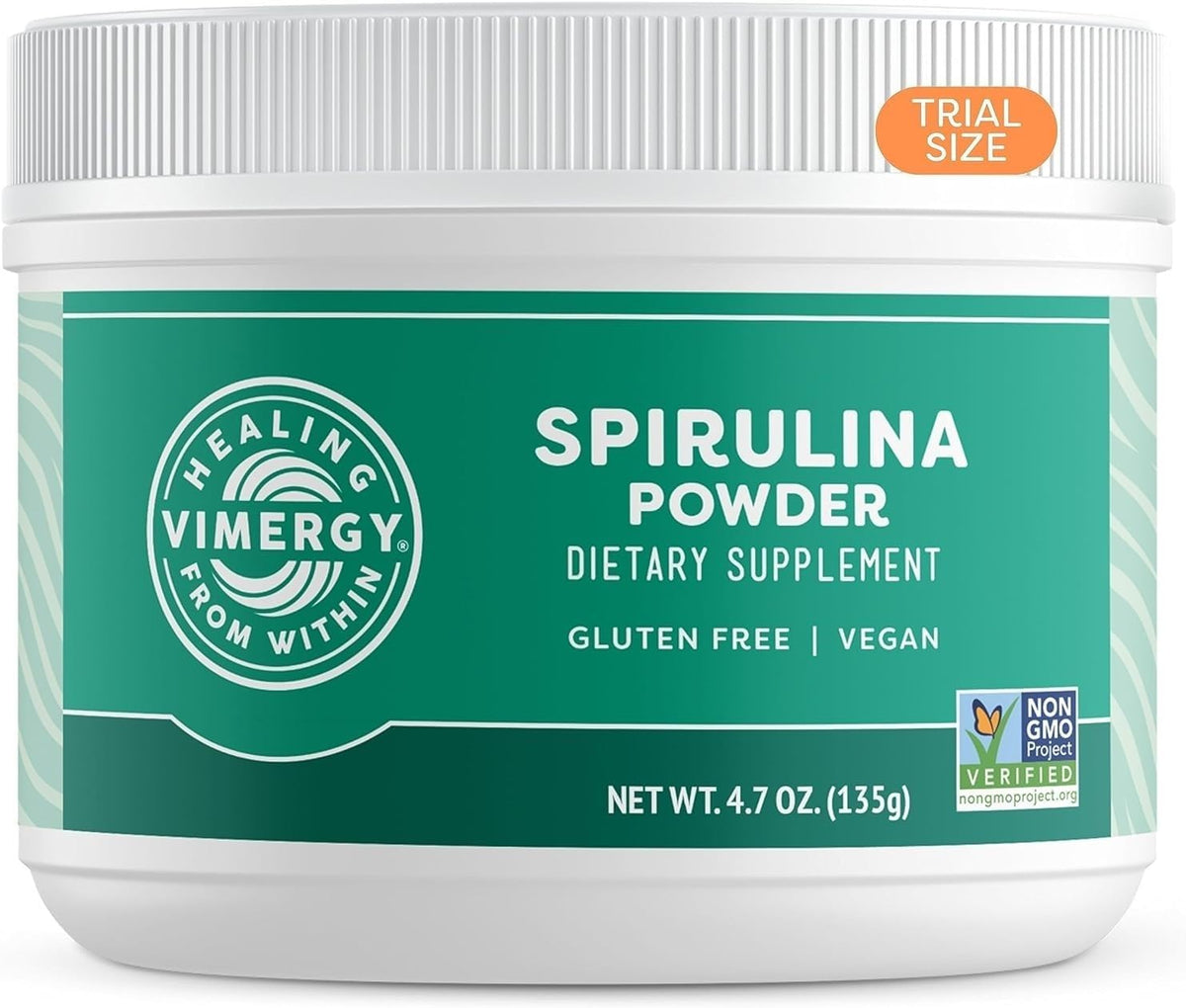 Vimergy Spirulina Powder bottle on kitchen counter, protein-rich daily energy.