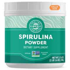 Vimergy Spirulina Powder bottle, nutrient-dense greens boost for daily energy.