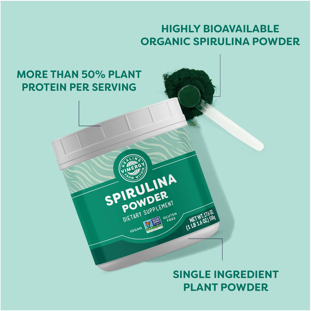 Vimergy Spirulina Powder poured into a glass for quick nutrition.