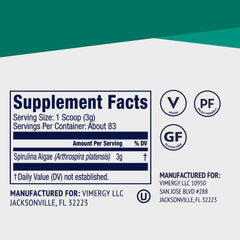 Vimergy Spirulina Powder jar packaging, emphasizing clean label and eco-friendly packaging.