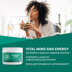 Vimergy Spirulina Powder pour into water for easy smoothie mix.