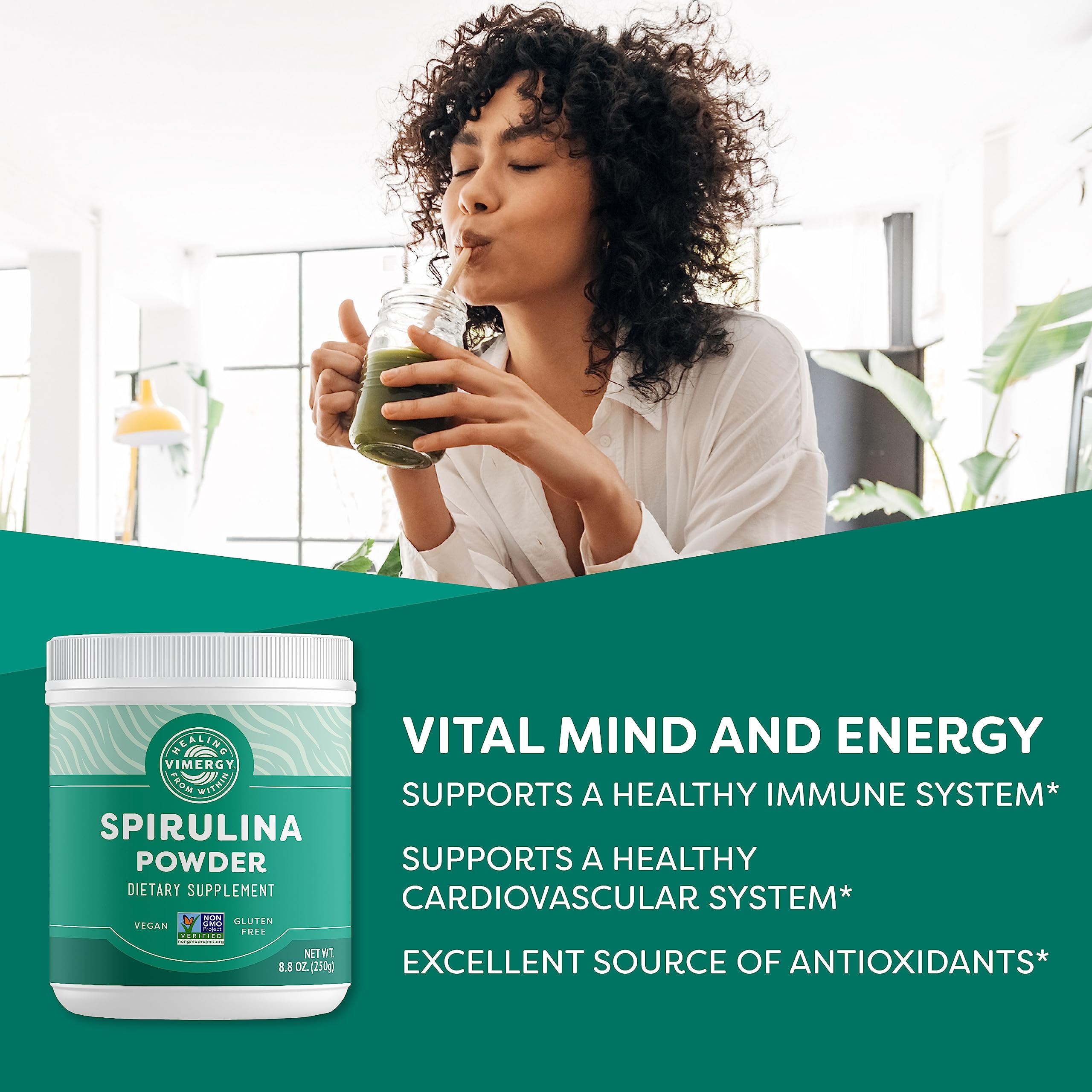 Vimergy Spirulina Powder scoop with powder showing fine texture for easy mixing.