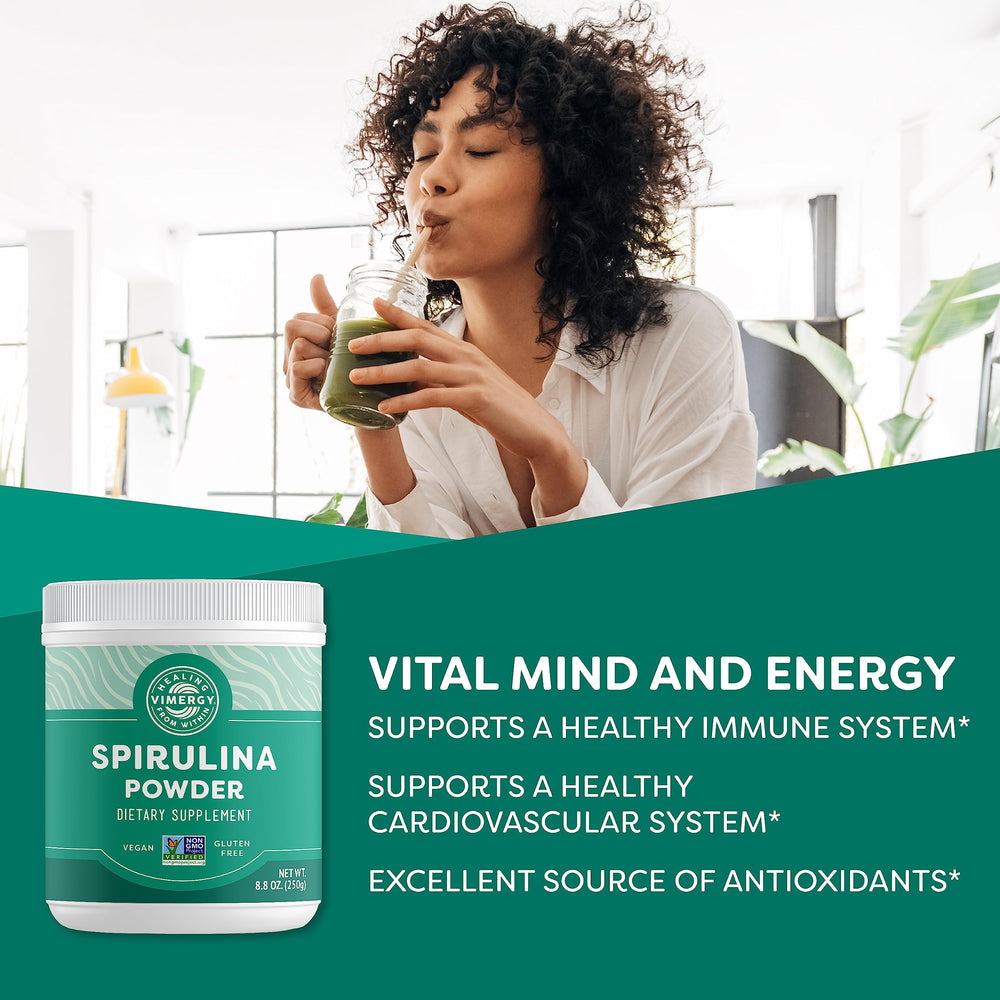 Vimergy Spirulina Powder scoop with powder showing fine texture for easy mixing.