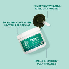 Vimergy Spirulina Powder scoop beside jar, convenient protein boost.