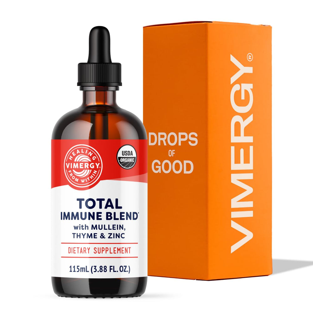 Vimergy Total Immune Blend bottle with label highlighting all-season immune support.