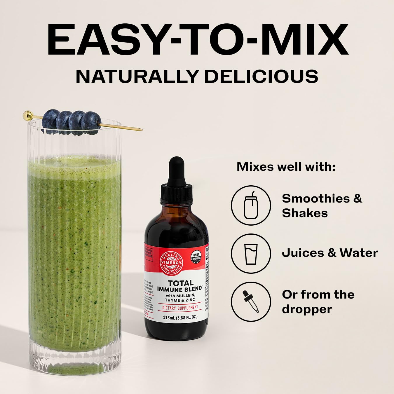 Vimergy Total Immune Blend dropper shows precise dosing for daily use.
