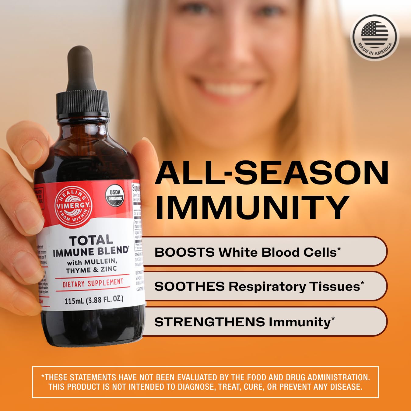 Vimergy Total Immune Blend drops being poured for quick daily use.