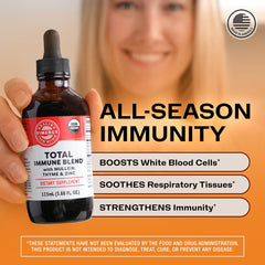 Vimergy Total Immune Blend drops being poured for quick daily use.