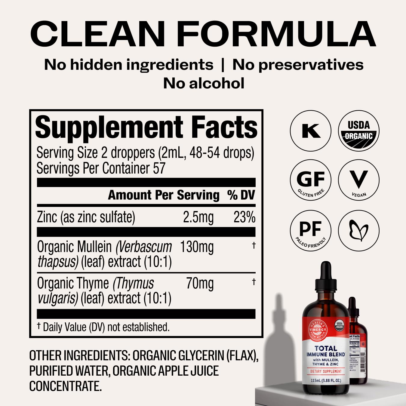 Vimergy Total Immune Blend label close-up showcases clean, organic formula.