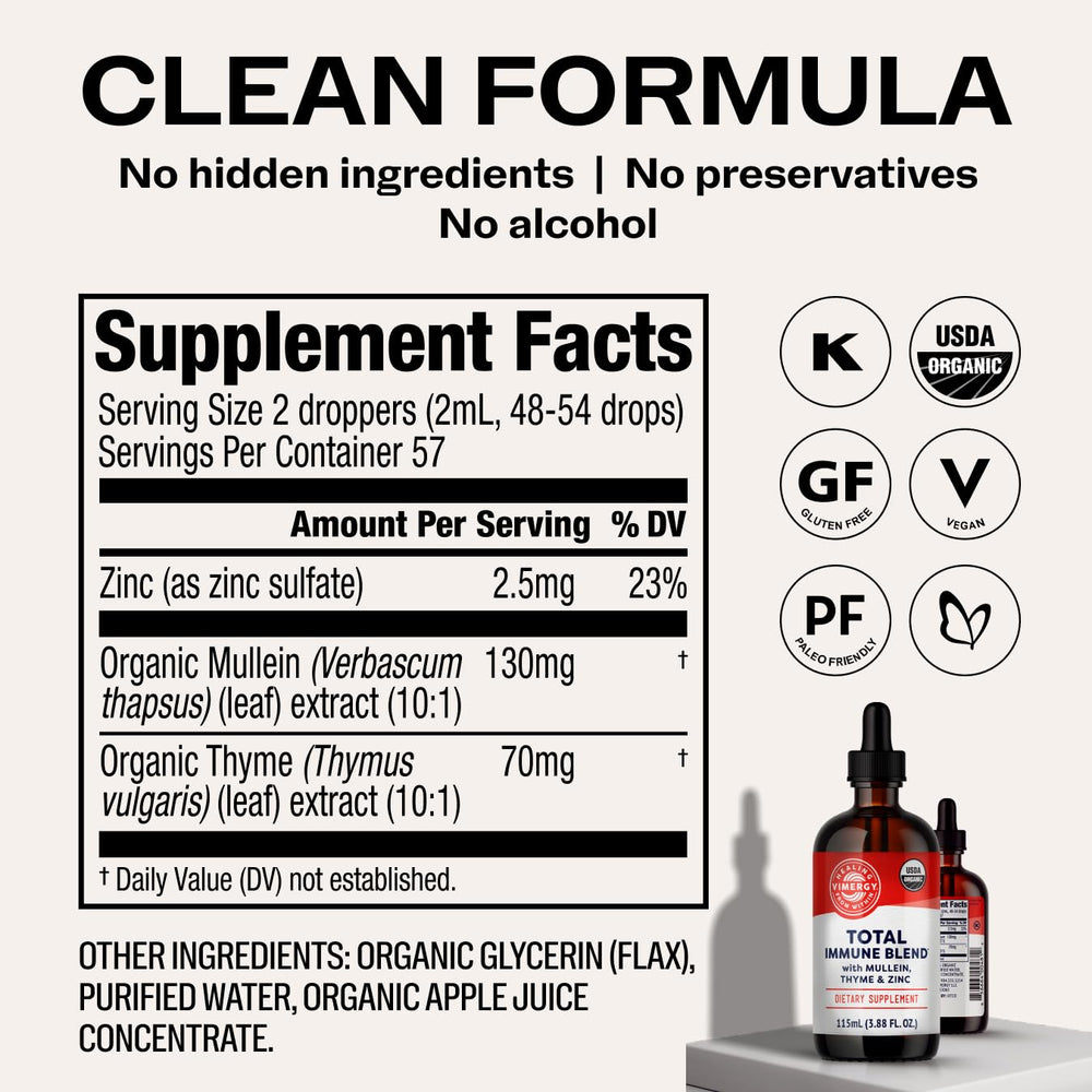 Vimergy Total Immune Blend label close-up showcases clean, organic formula.