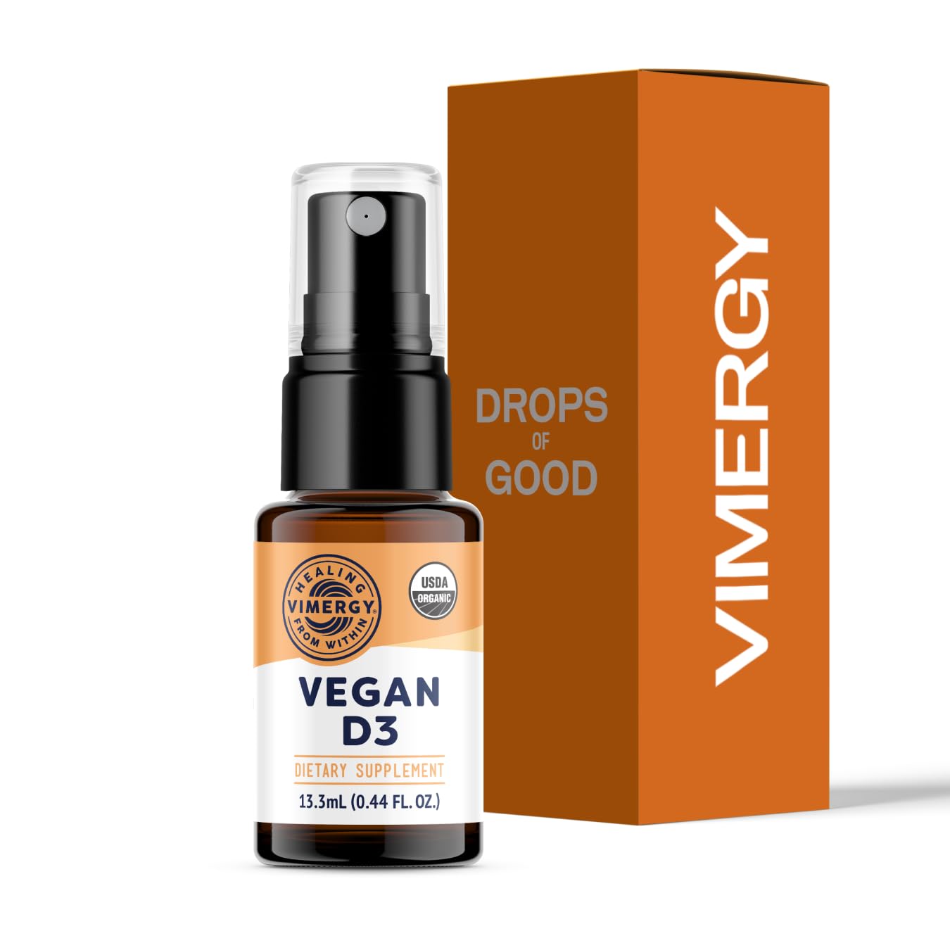 Vimergy Vegan D3 bottle with pour cap for easy daily use and immune support.