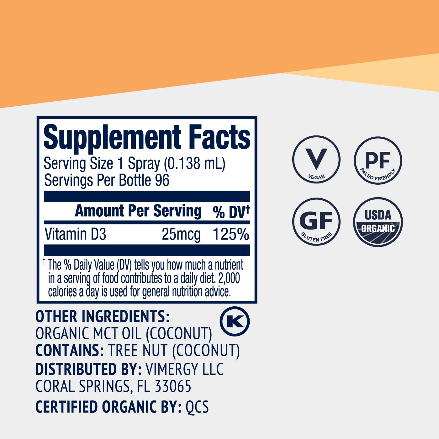 Certifications and clean-label emphasis on Vimergy Vegan D3 bottle.