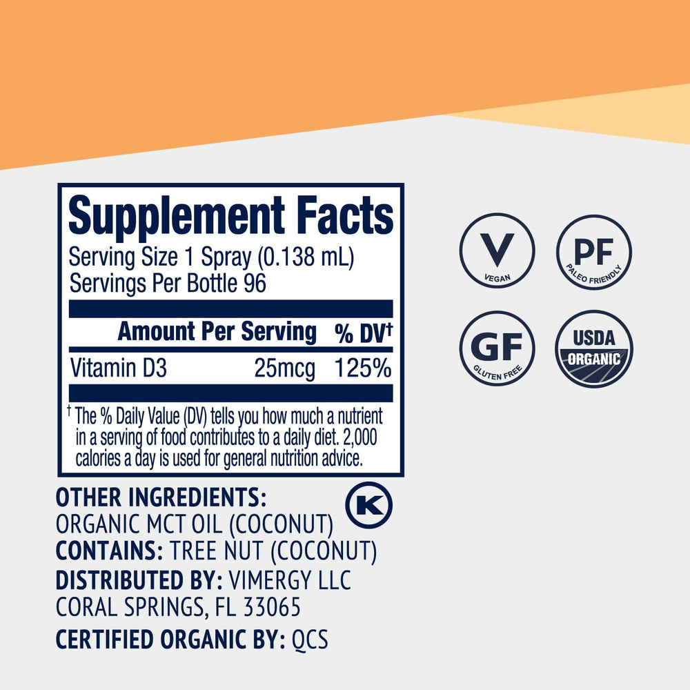 Certifications and clean-label emphasis on Vimergy Vegan D3 bottle.
