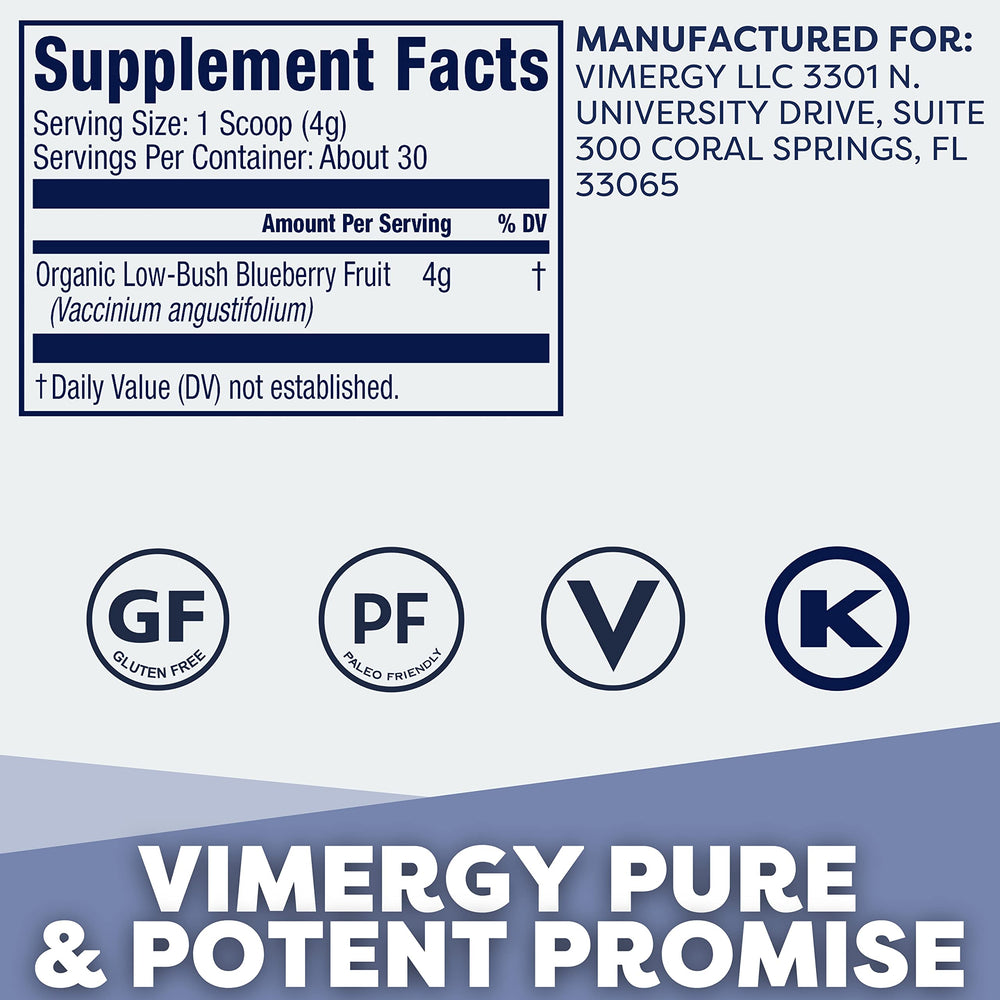 Vimergy Wild Blueberry Powder poured into a glass for easy daily antioxidant boost.