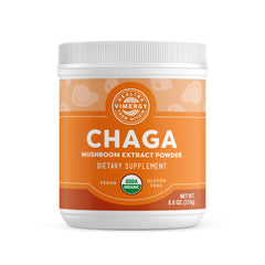 Vimergy Wild Chaga powder tub front for smoothies and tea, showcasing clean ingredients.