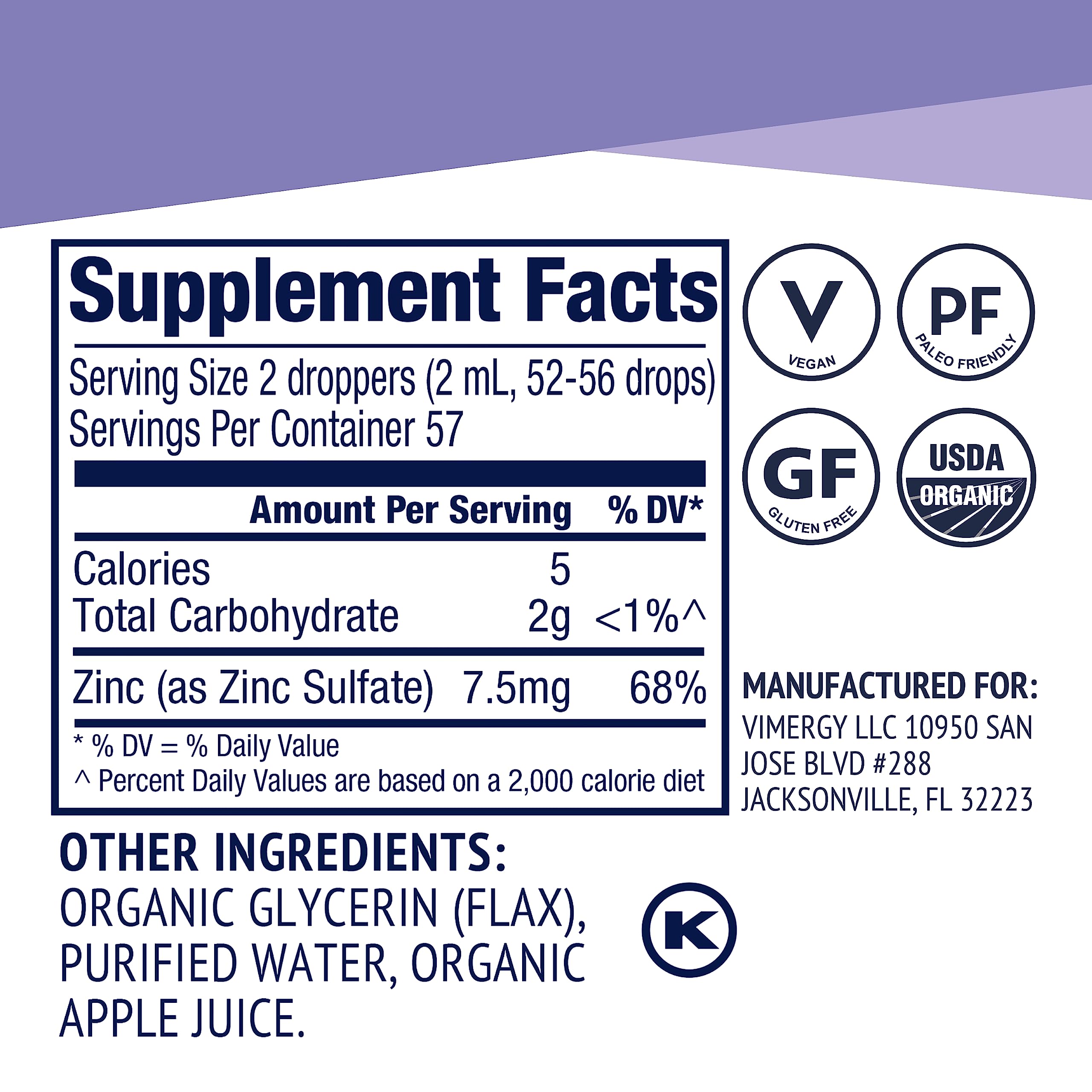 Vimergy zinc bottle label highlighting organic vegan formula