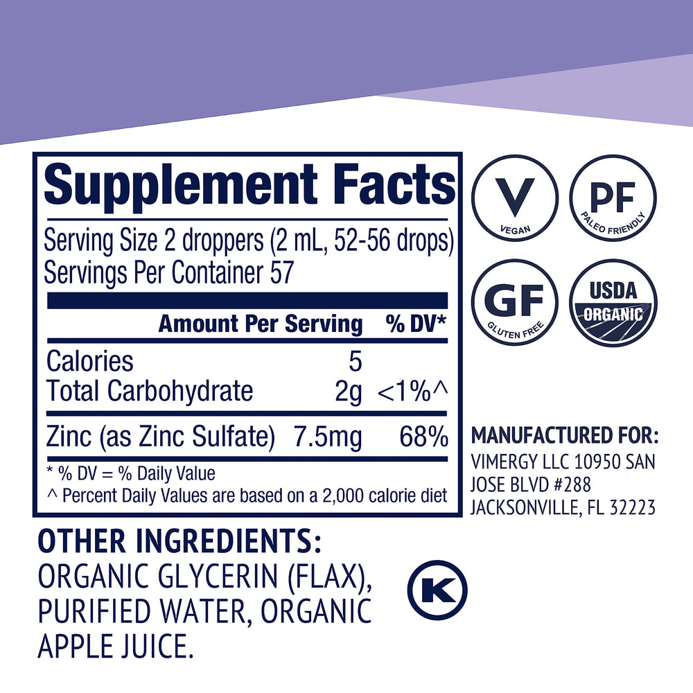 Vimergy zinc bottle label highlighting organic vegan formula