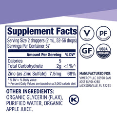 Vimergy zinc bottle label highlighting organic vegan formula