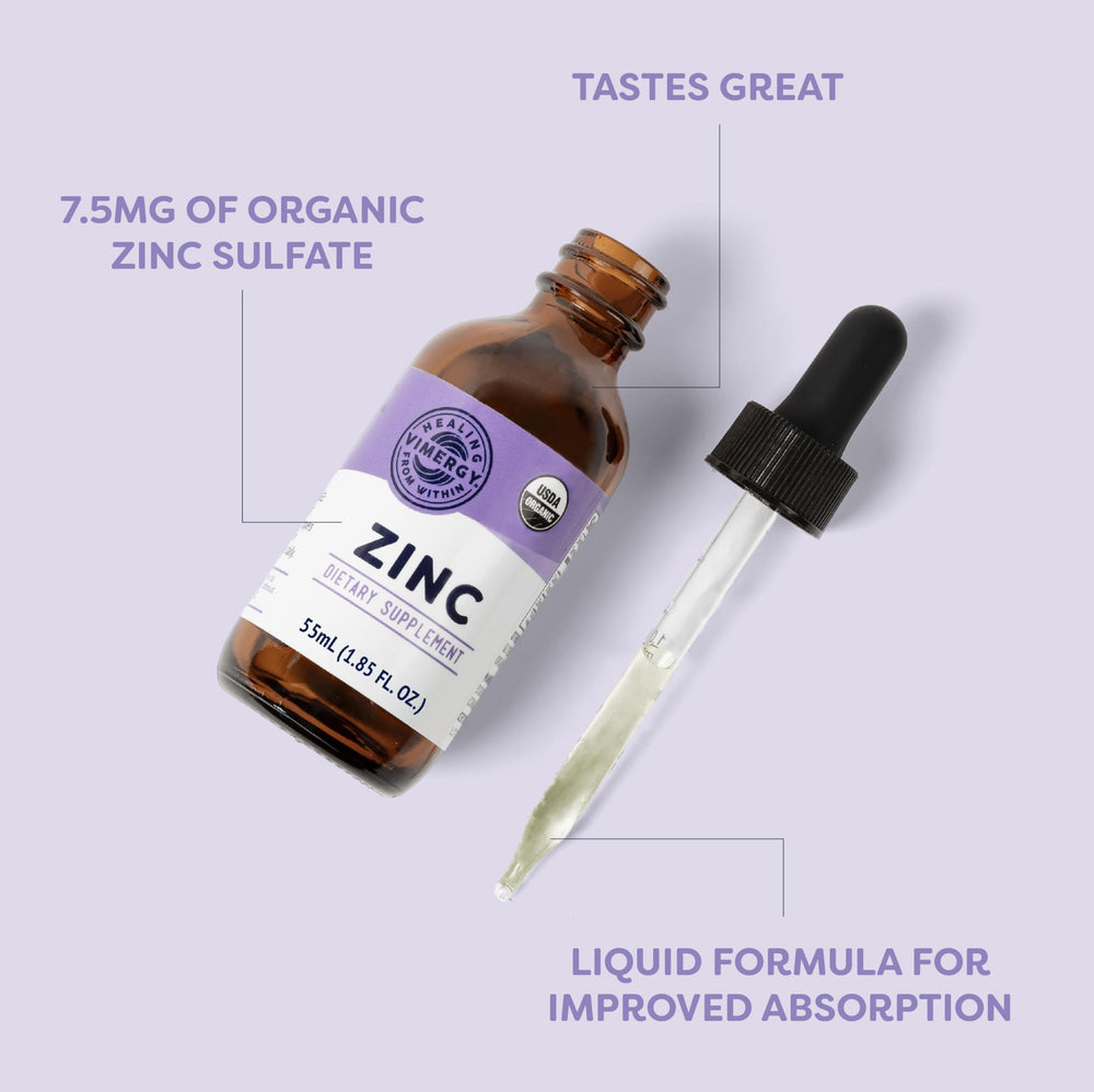 Vimergy Zinc liquid drops close-up label highlights organic ingredients.