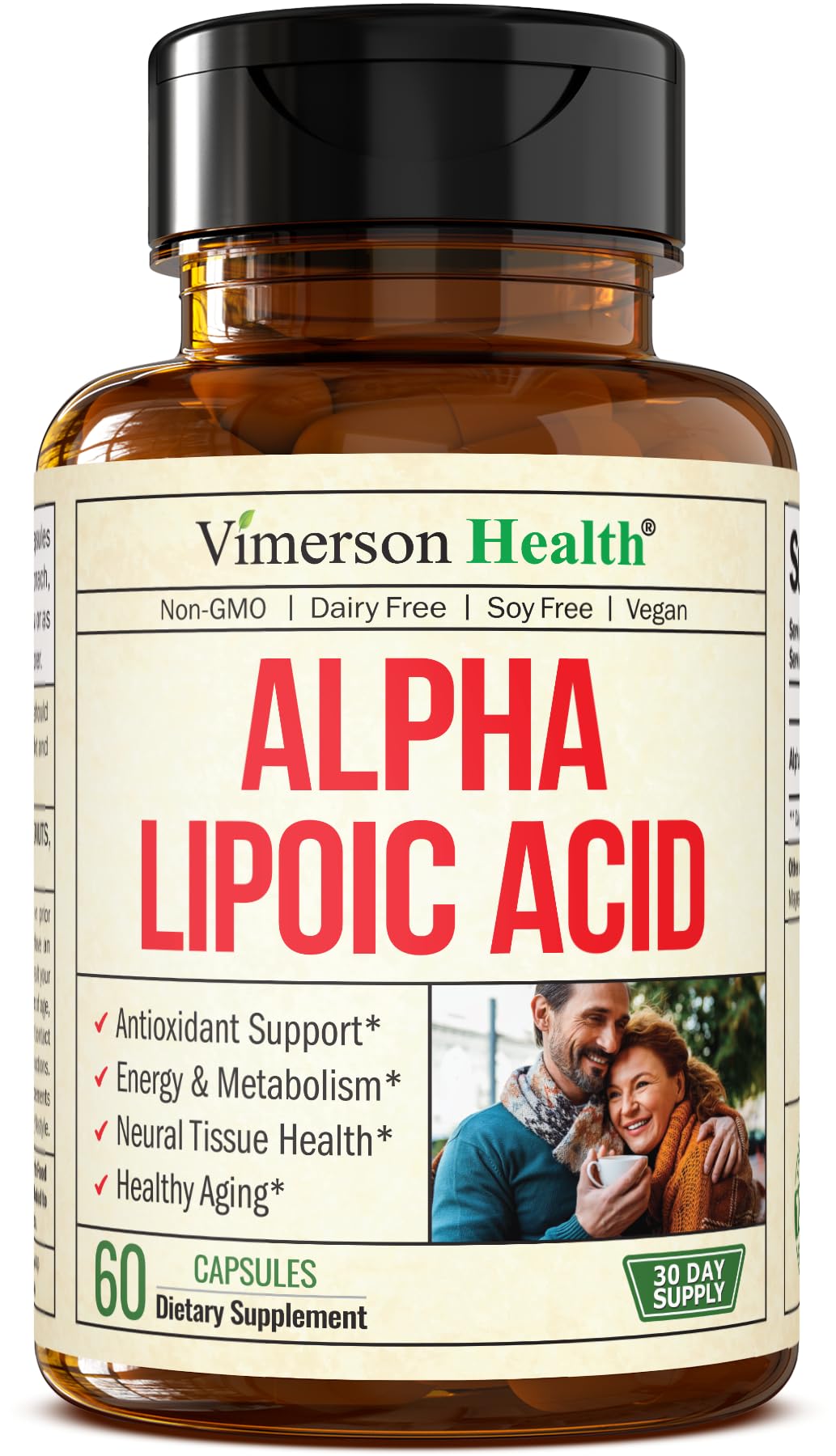 Vimerson Health Alpha Lipoic Acid 650mg bottle showcases antioxidant support.