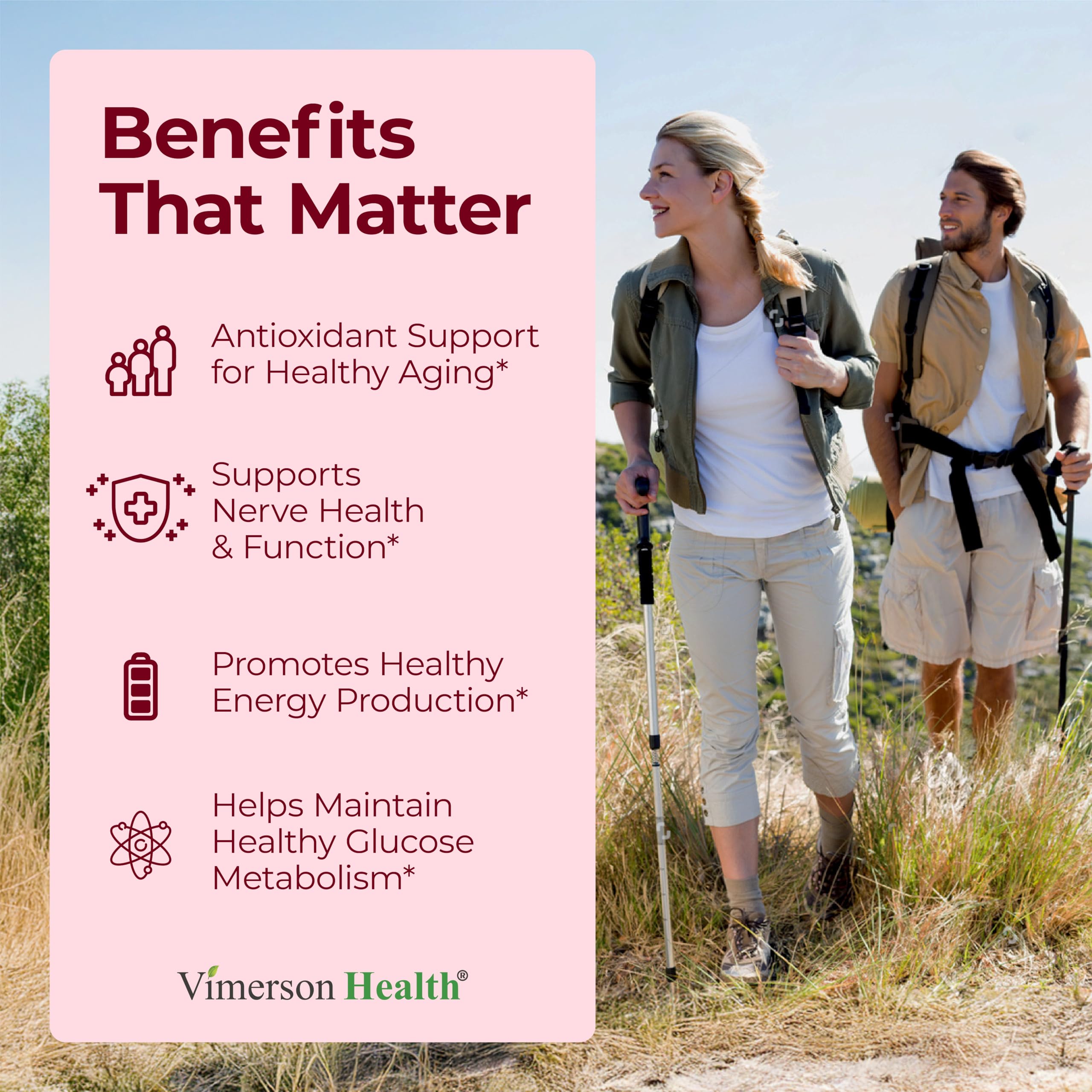 Vimerson Health Alpha Lipoic Acid 650mg capsules close-up for metabolism support.