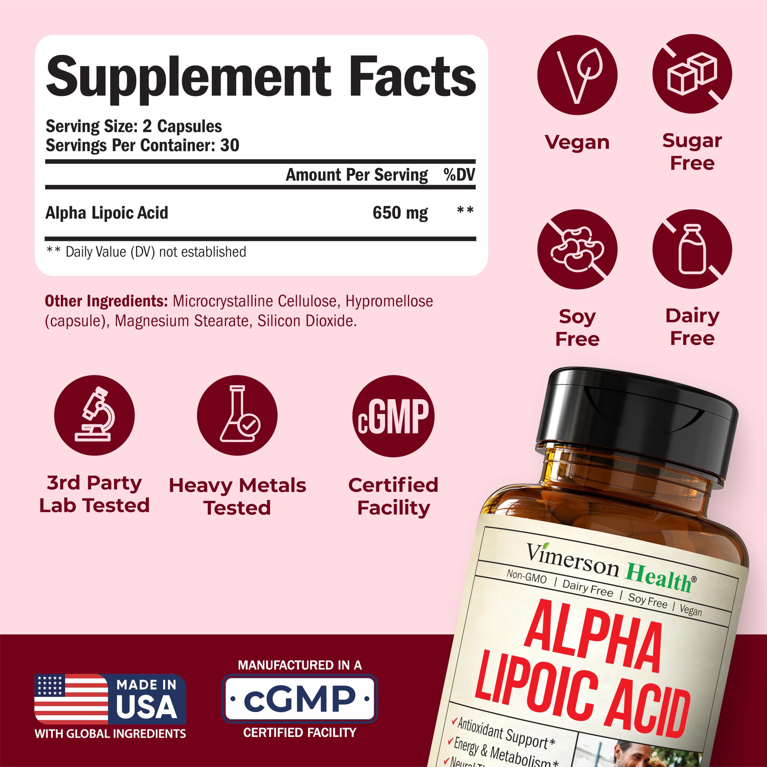 Vimerson Health Alpha Lipoic Acid 650mg bottle label highlighting vegan, non-GMO attributes.