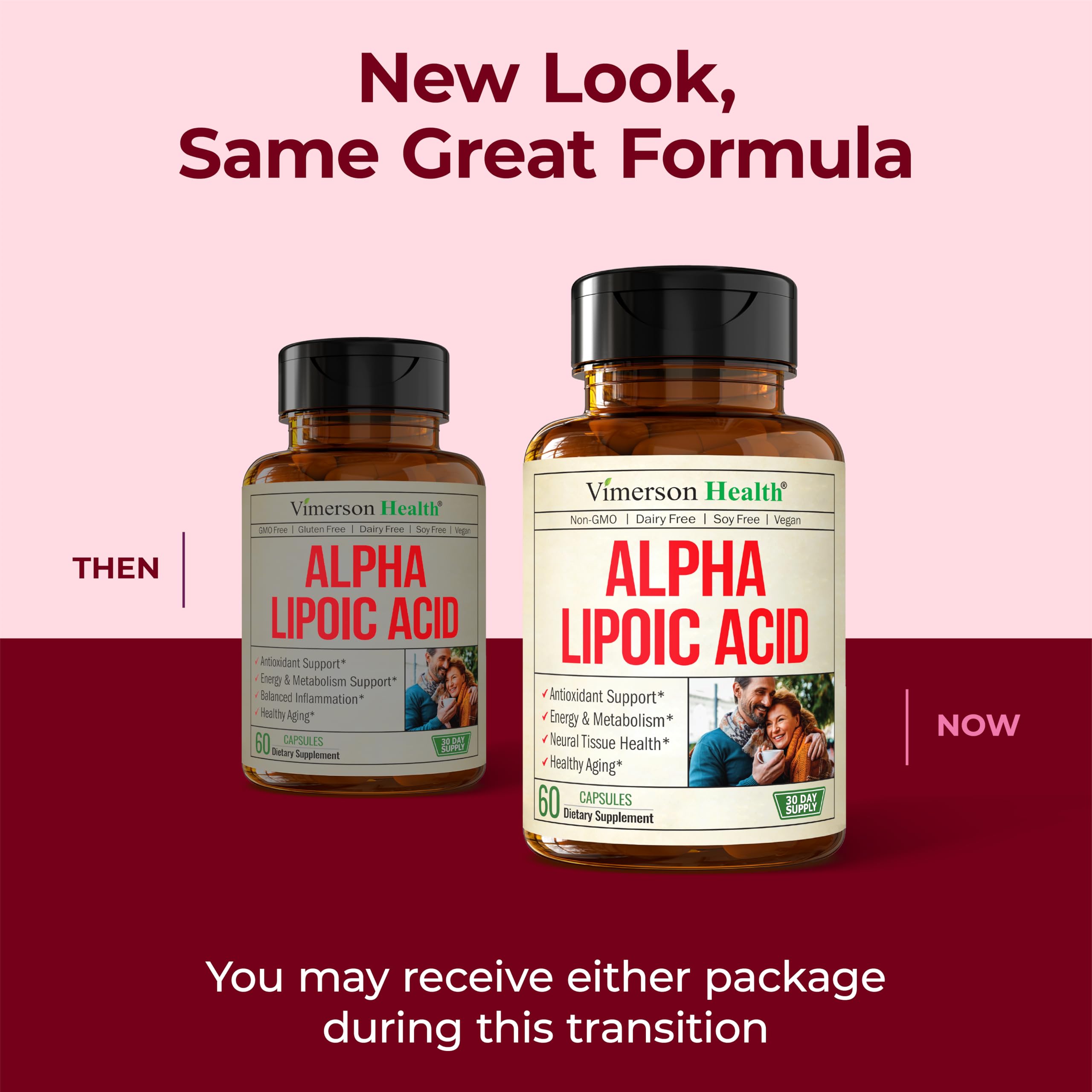 Vimerson Health Alpha Lipoic Acid 650mg container beside nutrition facts panel.