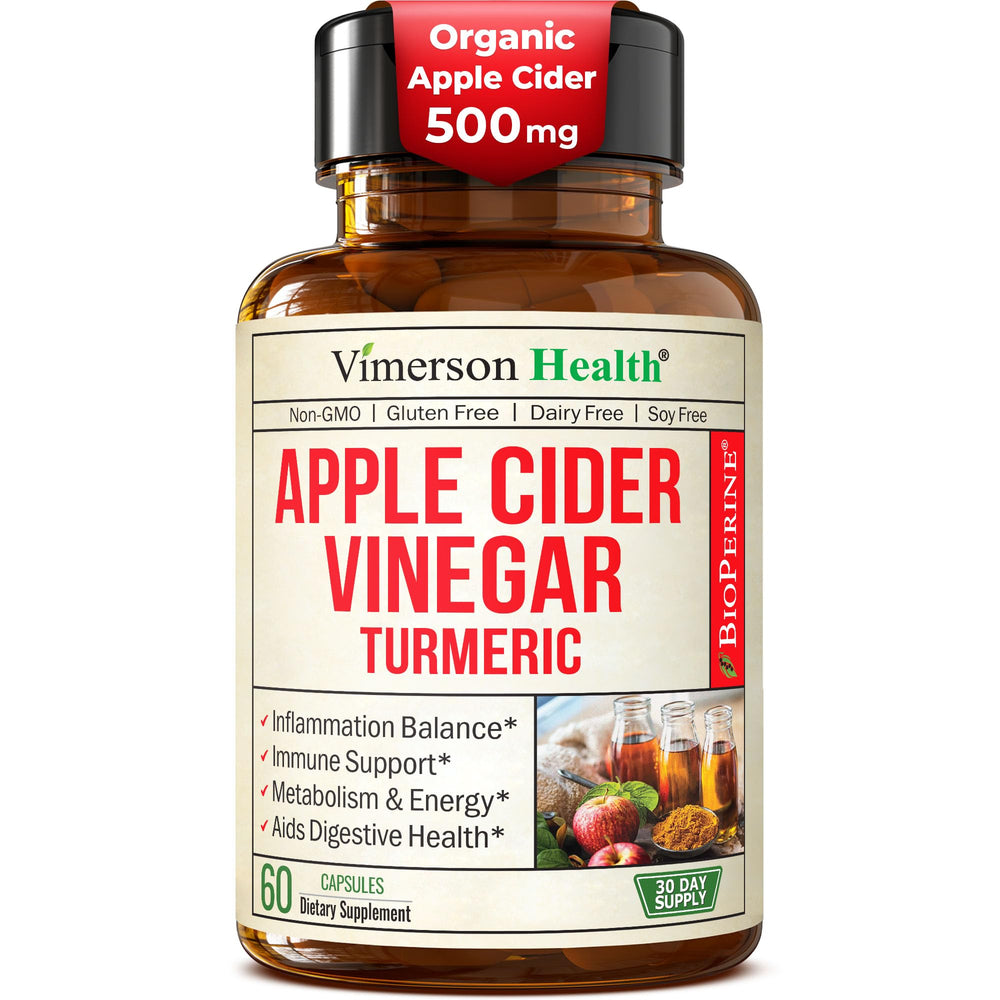 Vimerson Health capsules in bottle with ACV, turmeric, and ginger for digestive support