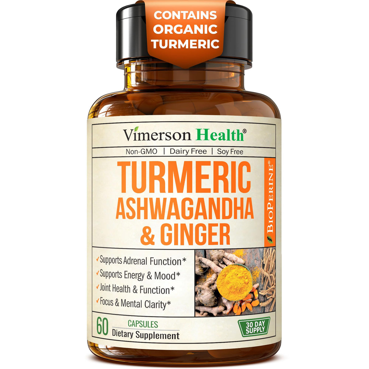 Vimerson Health ashwagandha-turmeric-curcumin bottle front supports daily joint comfort.