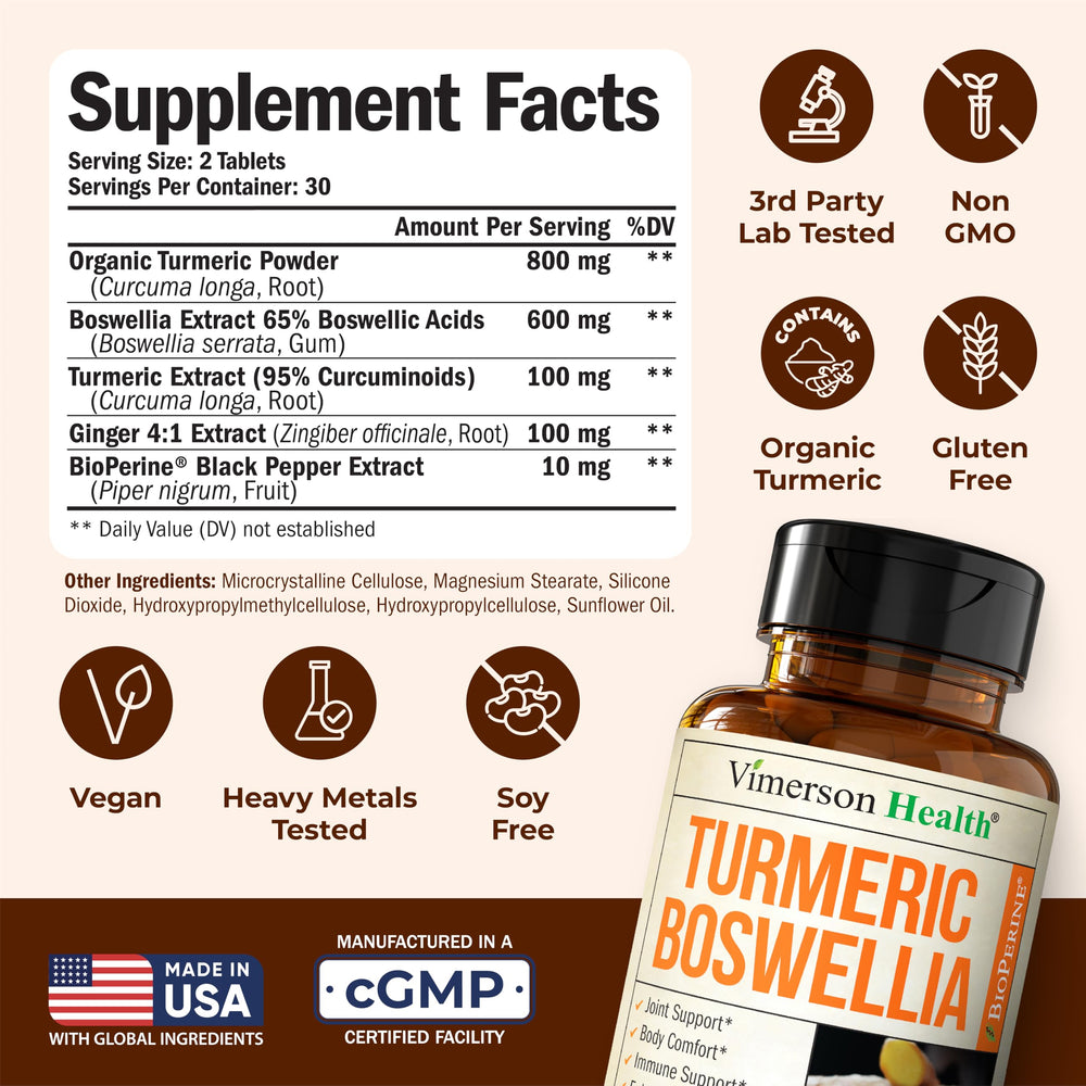 Vimerson Health Boswellia extract tablets close-up for joint comfort.