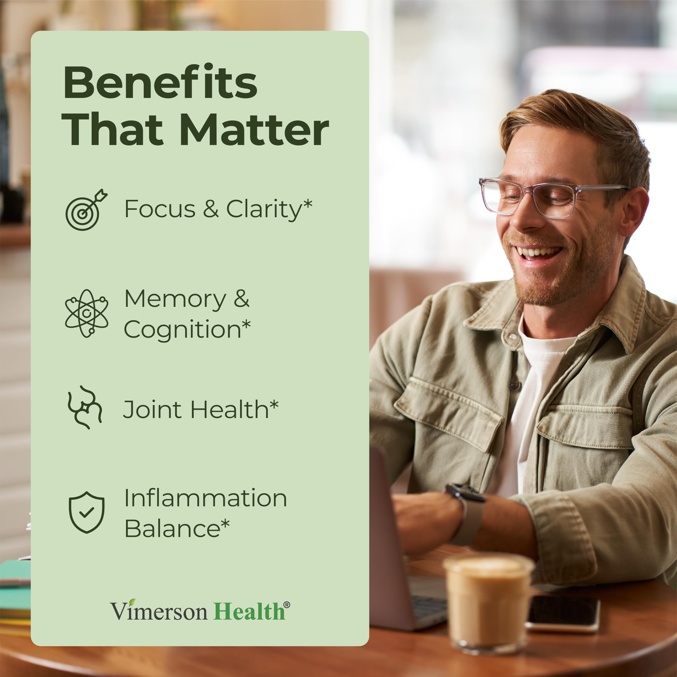 Vimerson Health bottle with label highlighting vegan capsules and turmeric benefits.