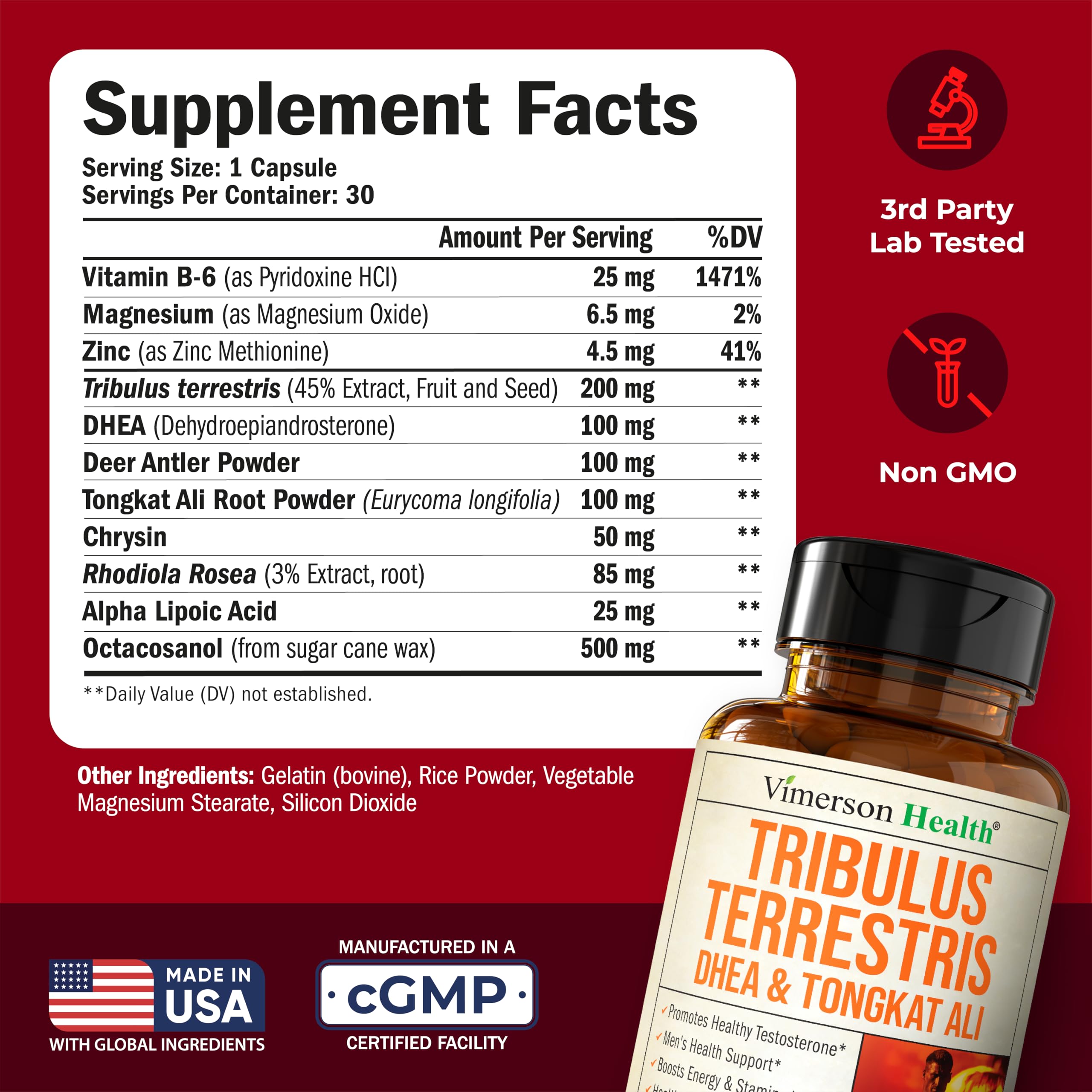 Vimerson Health DHEA 100mg bottle highlights essential ingredients.