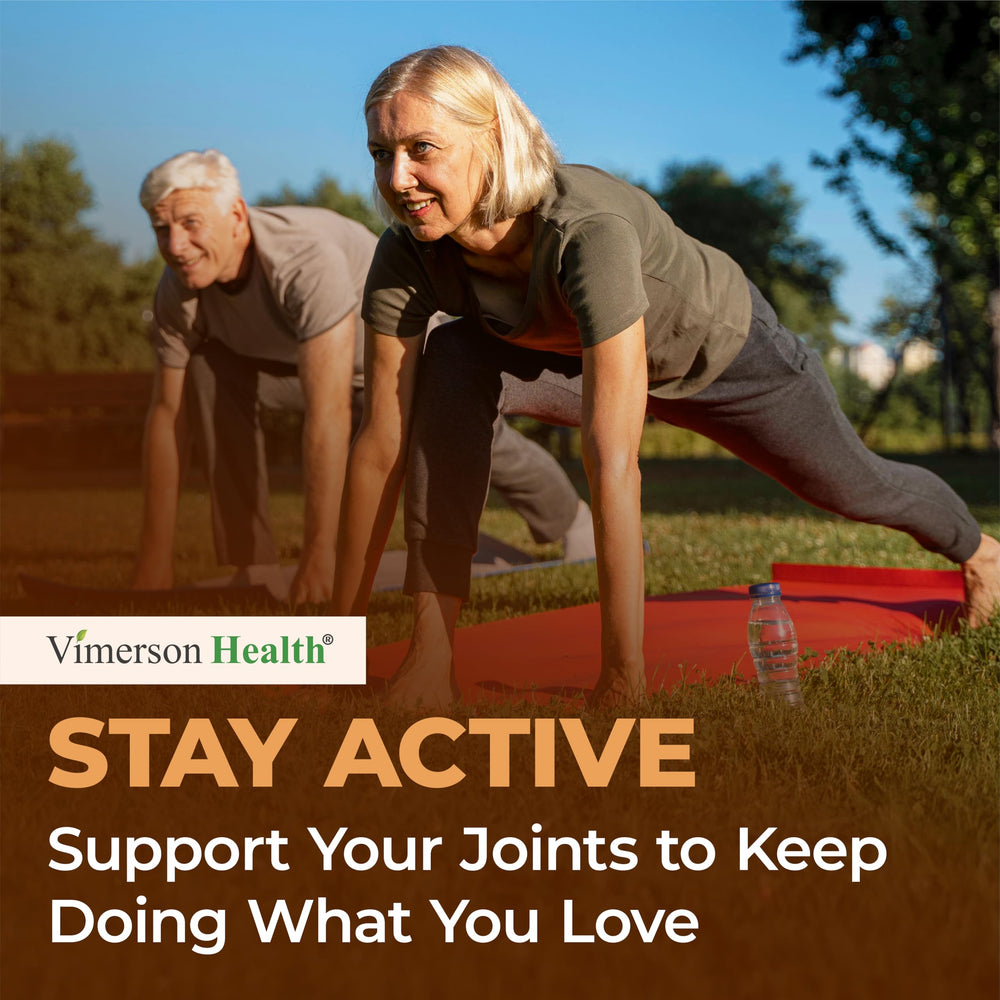 Vimerson Health Glucosamine Chondroitin MSM bottle and glass imply everyday joint support.