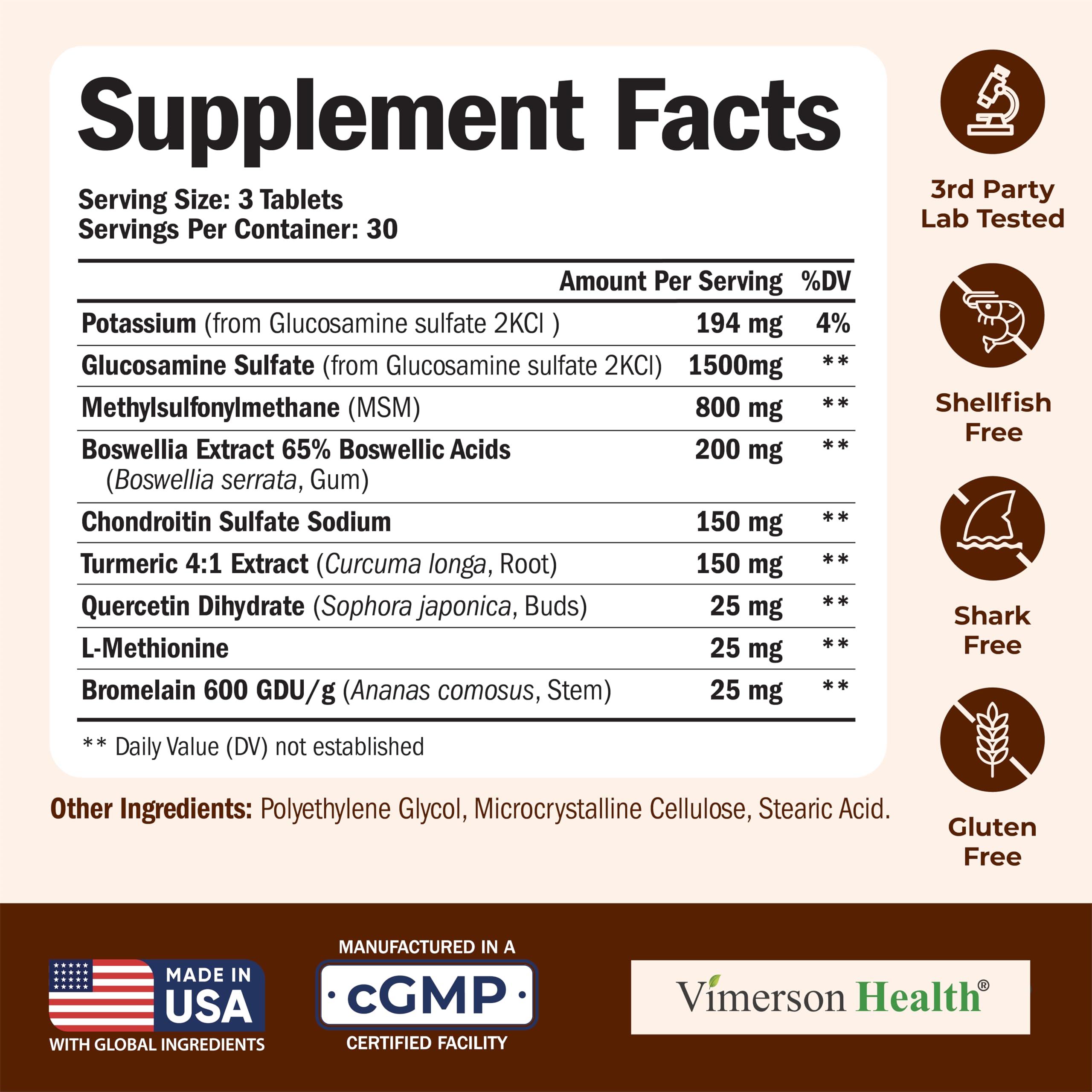 Vimerson Health Glucosamine Chondroitin MSM bottle on table for convenient daily supplementation.