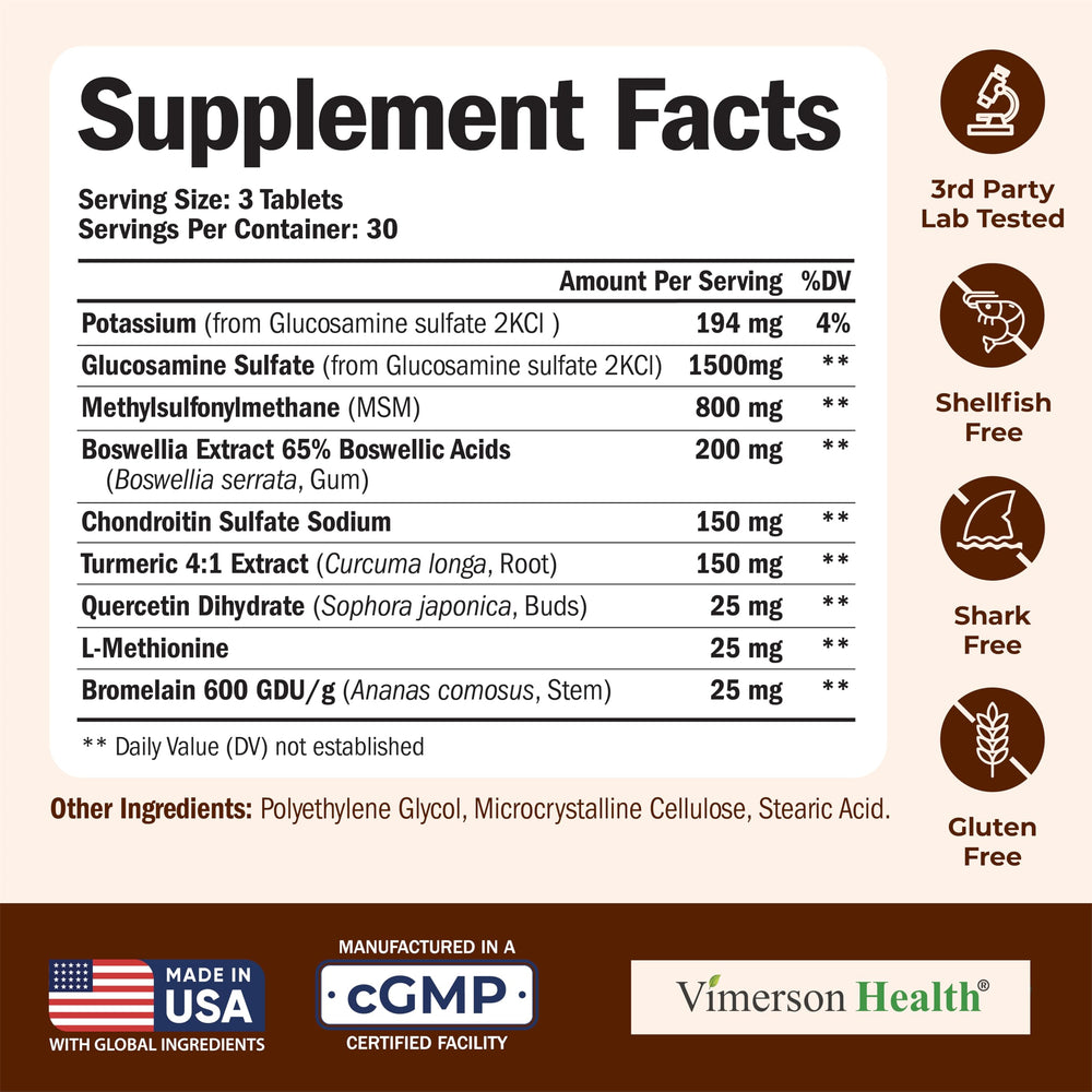 Vimerson Health Glucosamine Chondroitin MSM bottle on table for convenient daily supplementation.