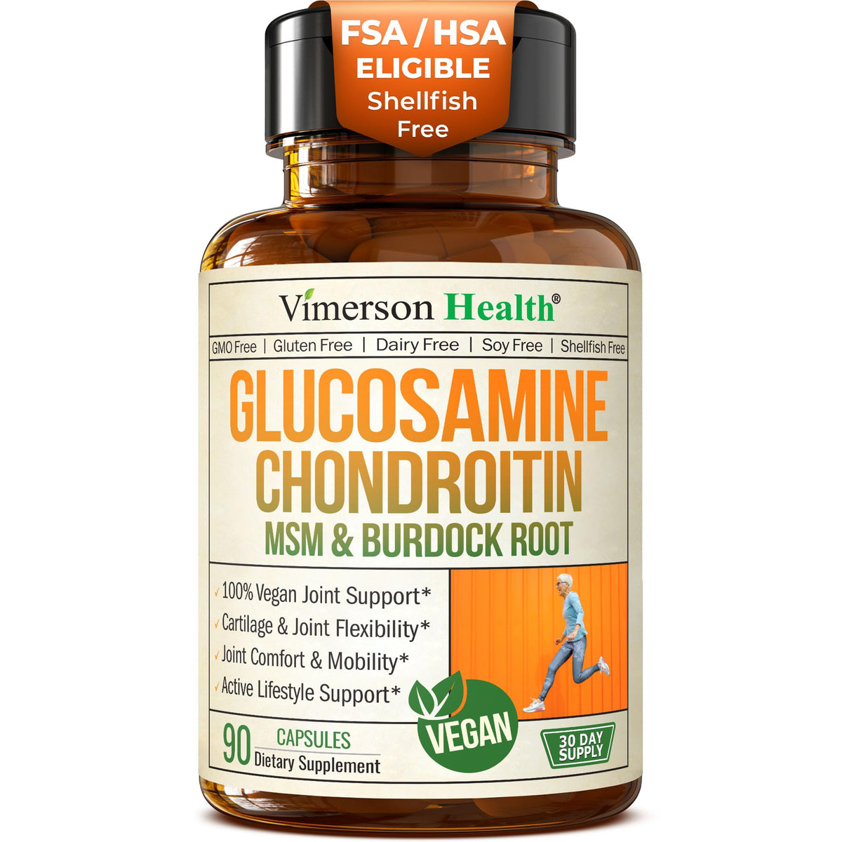 Vimerson Health glucosamine chondroitin MSM bottle with joint-supporting capsules.