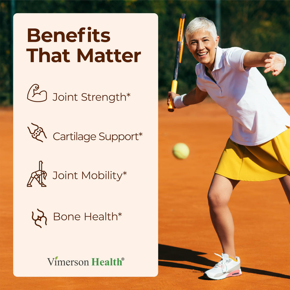 Vimerson Health Glucosamine Chondroitin MSM capsules closeup highlights easy-to-swallow format.
