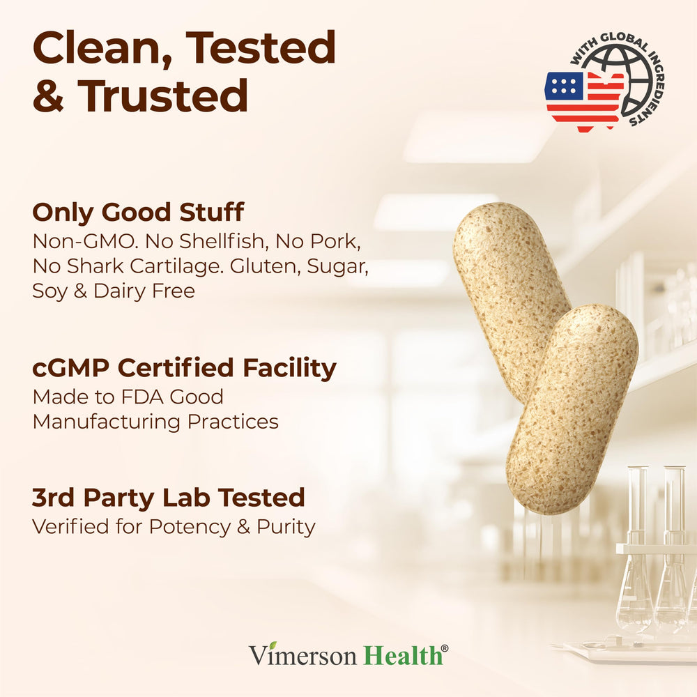Vimerson Health Glucosamine Chondroitin MSM ingredients chart emphasizes comprehensive joint support.