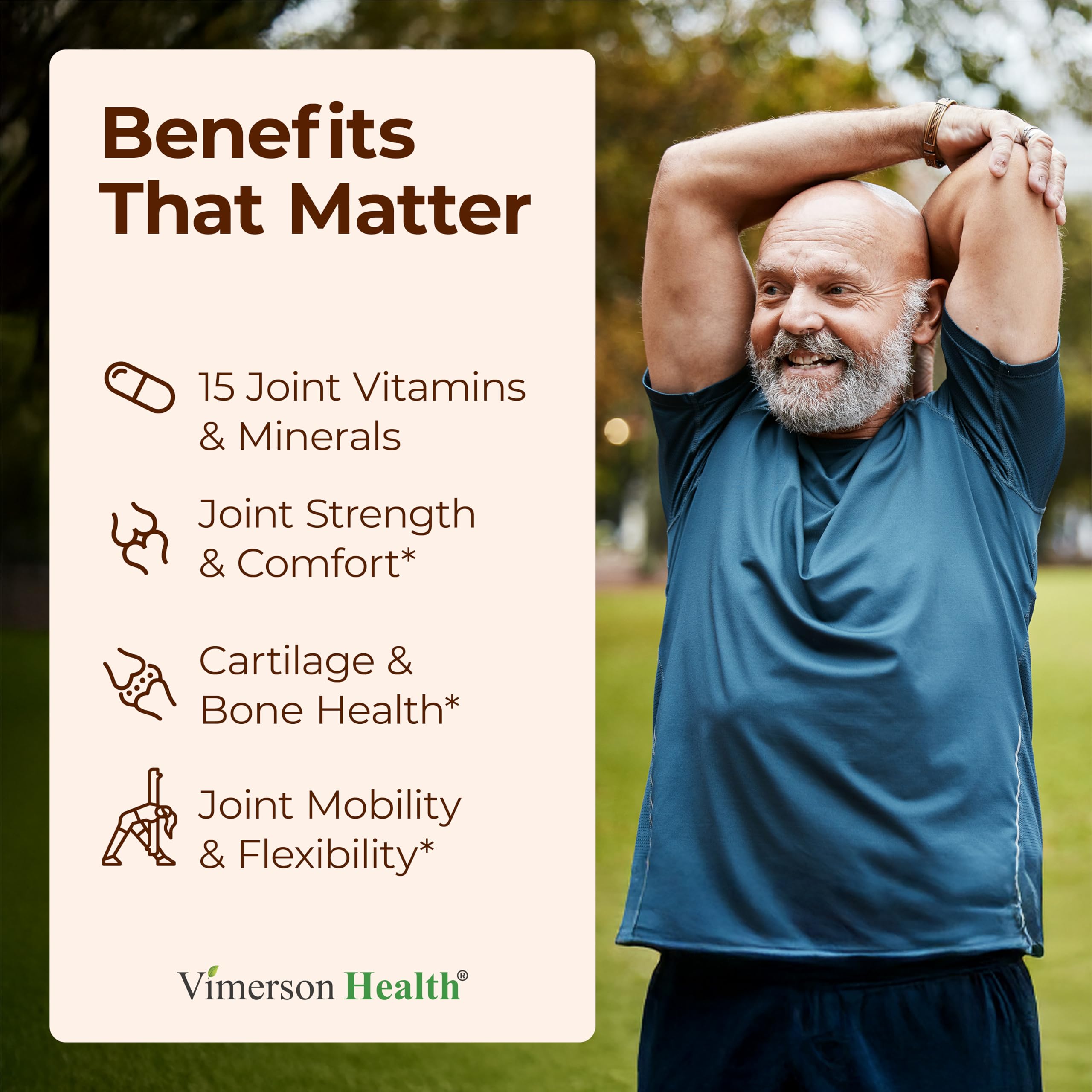 Close-up of Vimerson Health tablets highlighting glucosamine and MSM content